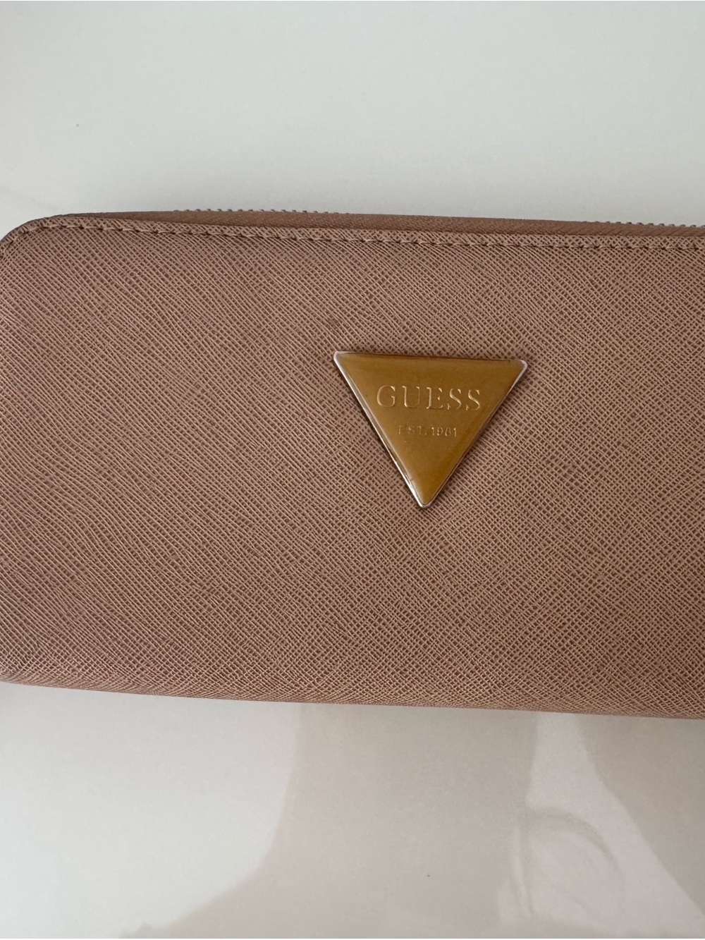 GUESS Taupe Zip-Around Wallet with Gold Triangle Logo